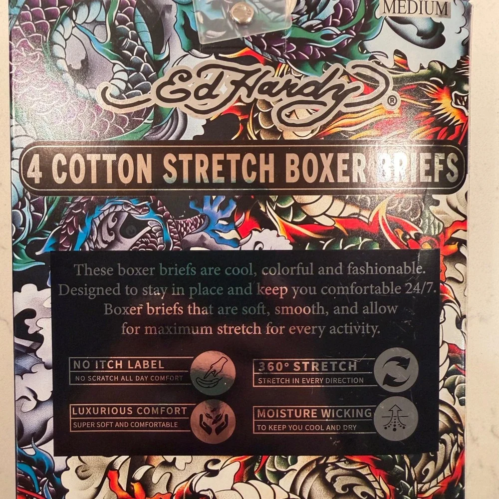 Ed Hardy Cotton Stretch Boxer Briefs 4 Pack (MD 32-34) Soft Skull Dragon Tattoo